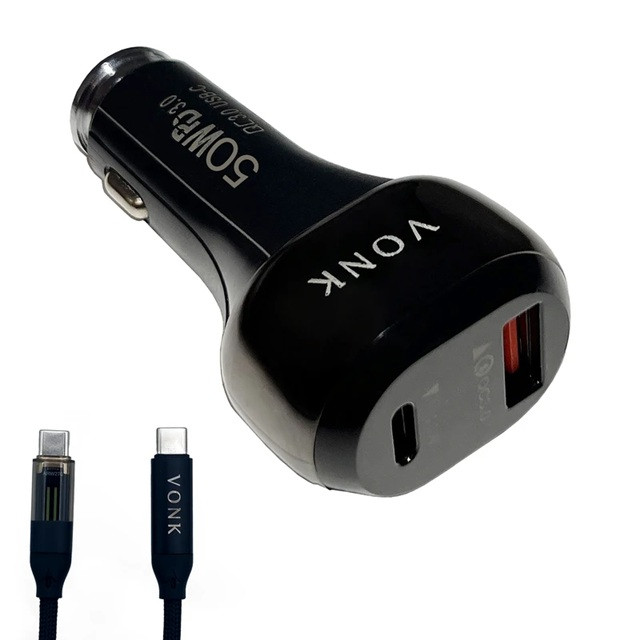 شارژر فندکی 50 وات دو پورت وونک مدل VC--50 به همراه کابل USB-C