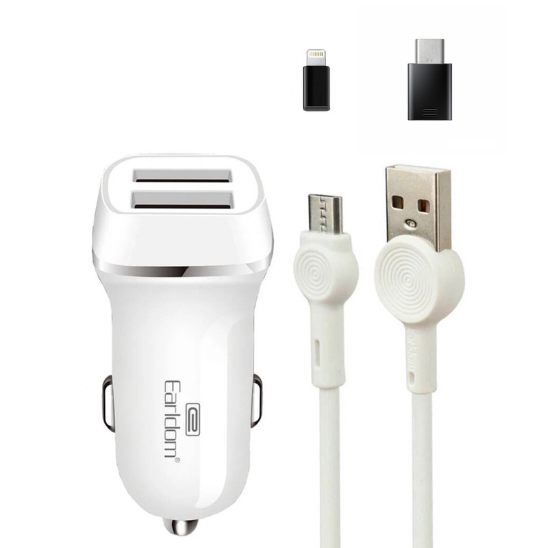 شارژر فندکی 30 وات ارلدام مدل ES-125 به همراه کابل تبدیل USB به microUSB / لایتنینگ / USB-C